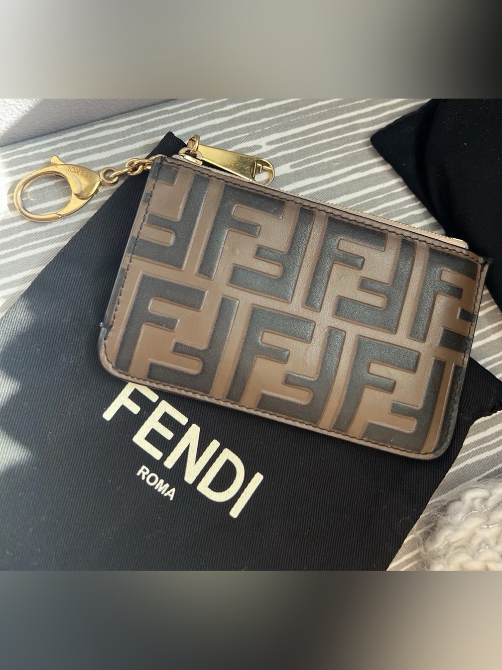 Fendi Brown Light Pink Logo Monogram Keychain Credit Card Coin Pouch W/ Dustbag
